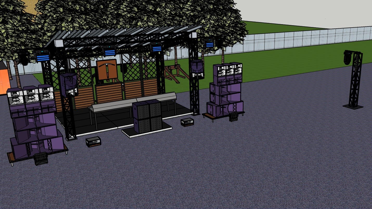 Render del diseño técnico de un escenario: sistema de sonido, truss e iluminación